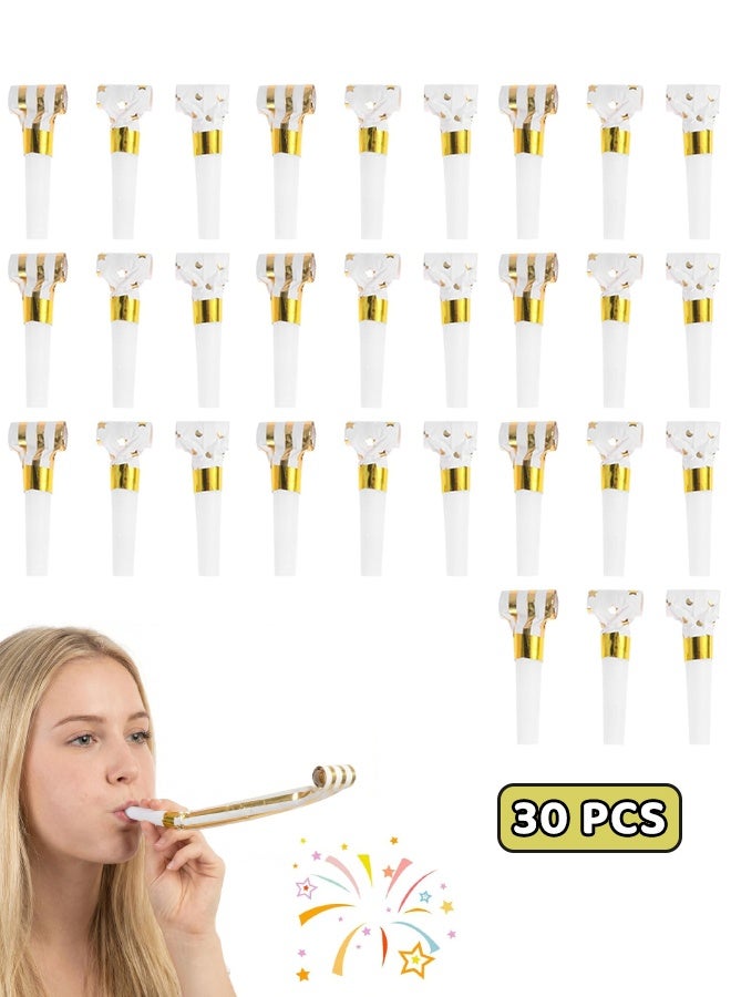 30Pcs Party Blowers, Party Blowers for Kids, Party Blowouts, Party Noise Makers Horns, Whistles with Automatic Roll-out, Birthday Blowers, Noisemakers Blow Horns Party Whistles Favors for Birthday, New Years Events (Gold/White) - Image 1